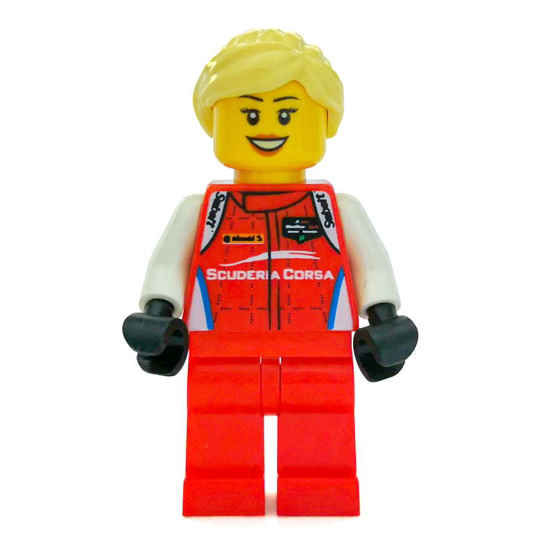 Lego Race Driver, Red Torso, Red Legs, Black Helmet, Ferrari, Bright Light Hair