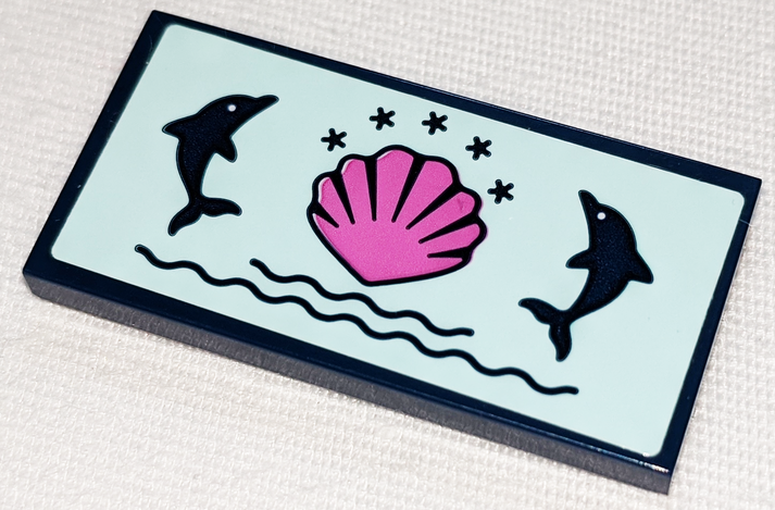 Lego Tile 2 x 4 with Dark Pink Shell and Dark Blue Dolphins, Stars and Waves Pattern (Sticker) - Set 41347