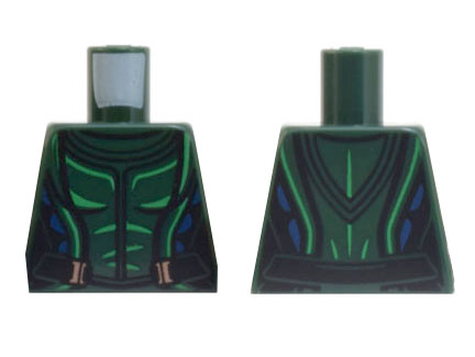 Lego Torso Female Outline, Vest with Black and Bright Green Lines, Blue Trim, Belt with Buckles Pattern / Dark Green
