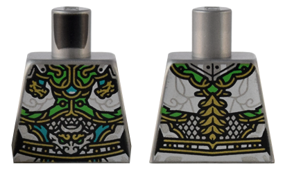 Lego Torso Female Armor with Bright Green and Gold Plates, White Clouds, and Silver Dragon Head Pattern / Flat Silver