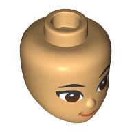 Lego Minidoll Head, Black Eyebrows, Reddish Brown Eyes, Dark Orange Lips, Smirk / Warm Tan