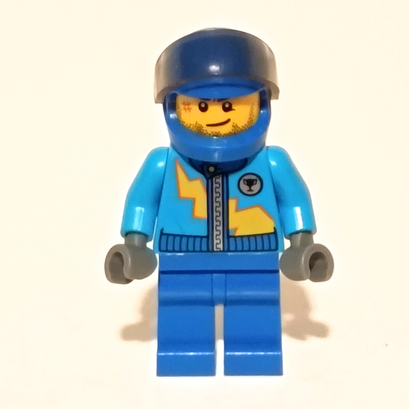 Lego Racer with Dark Azure Jacket with Zipper and Yellow Lightning Bolt, Blue Helmet with Trans-Brown Visor