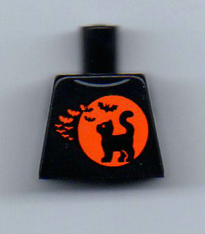 Lego Torso Black Cat on Orange Moon Background and Bats Pattern (BAM) / Black