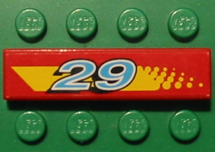 Lego Tile 1 x 4 with Blue and White '29' on Yellow Stripe with Dot Fade Pattern Model Right Side (Sticker) - Set 8829 / Red
