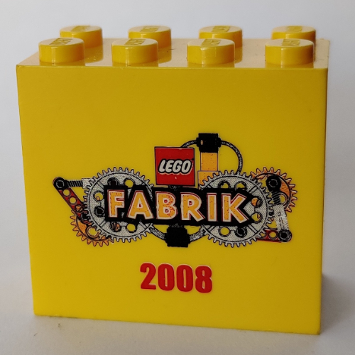 Lego Brick 2 x 4 x 3 with 'LEGO Fabrik 2008' with Yellow Text Print
