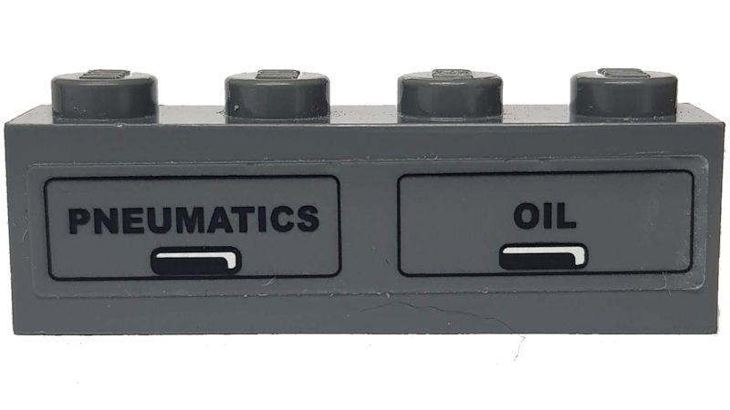 Lego Brick 1 x 4 with Black 'PNEUMATICS' and 'OIL' Pattern (Sticker) - Set 7938 / Dark Bluish Gray