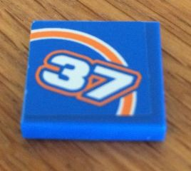 Lego Tile 2 x 2 with Orange Bow and White '37' Pattern Model Right Side (Sticker) - Set 8163 / Blue