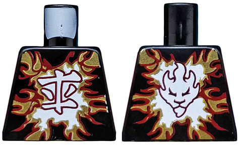 Lego Torso Ninjago Dark Red and Gold Flames and White Ninjago Logogram 'Fire' Pattern / Black