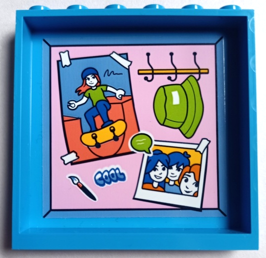 Lego Panel 1 x 6 x 5 with Paint Brush, 'COOL', Lime Hat on Hooks, Taped Poster of Skateboarder and Photo of Friends Characters on Bright Pink Background Pattern (Sticker) - Set 41739 / Dark Azure