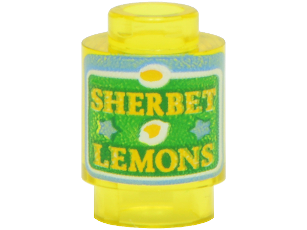 Lego Brick, Round 1 x 1 with Green and Medium Blue Label with Yellow 'SHERBET LEMONS' Pattern