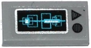 Lego Tile 1 x 2 with Medium Azure Rectangles on Screen and Black Circle and Triangle Pattern (Sticker) - Set 70169 / Light Bluish Gray