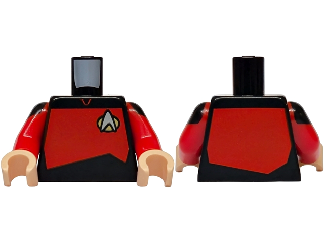 Lego Torso Uniform Vest with Gold and Silver Star Trek Starfleet Insignia, Red Front and Back Panel Pattern / Red Arms with Black Shoulders Pattern / Light Nougat Hands