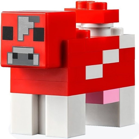 Lego Minecraft Cow, Mooshroom (Red and White, Light Bluish Gray Pixel Between Eyes and Dark Bluish Gray Top Border on Forehead) - Brick Built