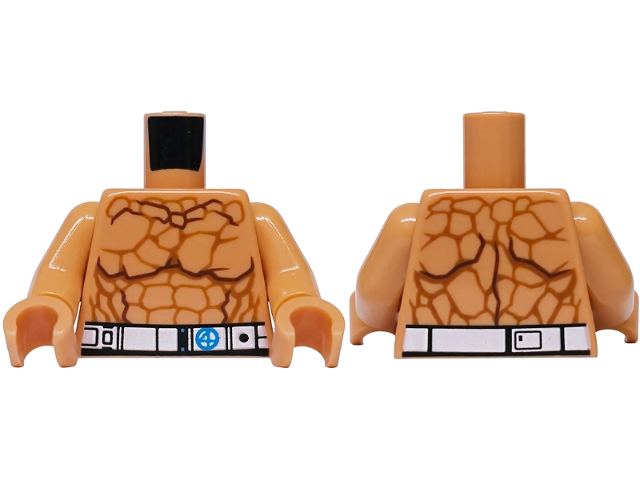 Lego Torso Bare Chest with Reddish Brown Muscles Outline and Dark Orange Cracks, White Belt with Dark Azure Fantastic Four Emblem with Number 4 Pattern / Nougat Arms / Nougat Hands