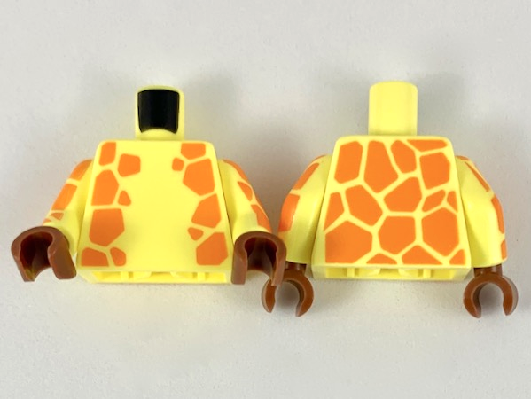 Lego Torso Animal Print Orange Giraffe Spots Pattern / Bright Light Yellow Arms with Orange Giraffe Spots Pattern / Reddish Brown Hands