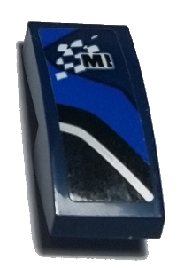 Lego Slope, Curved 2 x 1 x 2/3 with Letter M on Checkered Flag and Black, Blue and White Stripes Pattern Model Right Side (Sticker) - Set 75885