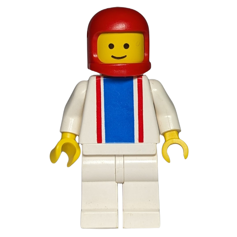 Lego Man, White Torso with Red and Blue Stripes, White Legs, Red Helmet