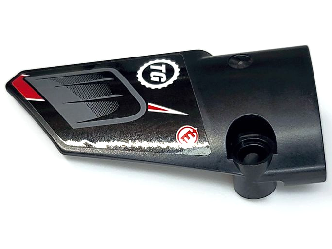 Lego Technic, Panel Fairing # 3 Small Smooth Long, Side A with Dark Bluish Gray Air Vent, White 'TG' Top Gear Logo, Red Letter E Pattern (Sticker) - Set 42109