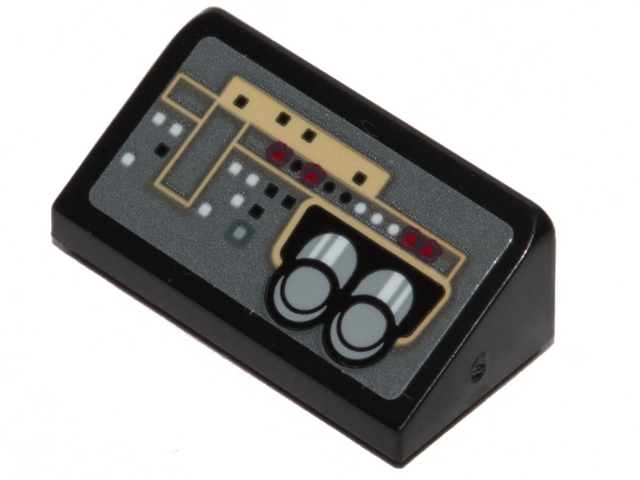 Lego Slope 30 1 x 2 x 2/3 with SW Millennium Falcon Control Panel, Buttons, Black, Red and White Lights and 2 Pipes Pattern (Sticker) - Set 75257 / Black