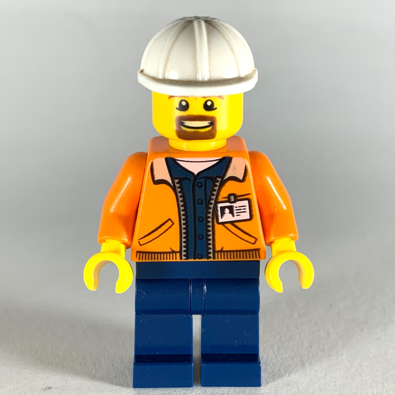 Lego Miner, Open Orange Jacket with ID Badge, White Hard Hat, Goatee Beard