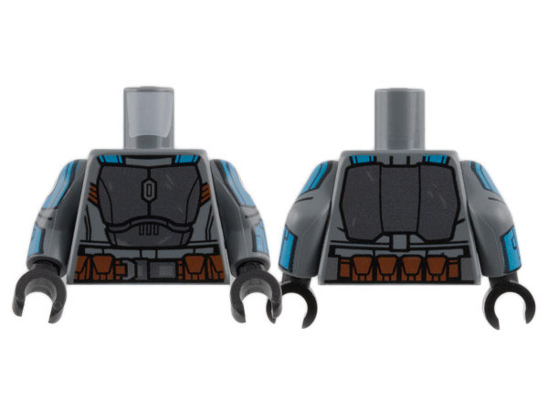 Lego Torso SW Mandalorian Dark Silver Armor Plates, Dark Azure Straps, Reddish Brown Utility Belt with Pouches and Silver Buckle Pattern / Dark Bluish Gray Arms with Dark Azure Shoulders and Cuffs, Black Nite Owl Logo Pattern / Black Hands