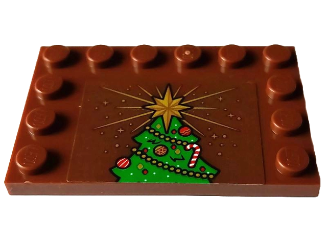 Lego Tile, Modified 4 x 6 with Studs on Edges with Green Christmas Tree Top Half with Decoration and Gold Star Pattern (Sticker) - Set 4002023