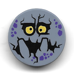 Lego Tile, Round 2 x 2 with Bottom Stud Holder with Purple Rock Spots, Yellow Eyes with Pupils, Black Mouth, Big Teeth (Bouldron) Pattern