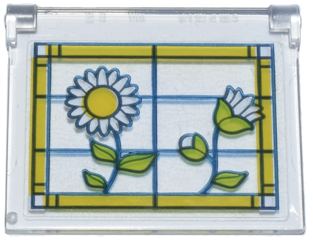Lego Glass for Window 1 x 4 x 3 - Opening with Stained Glass, Bright Light Orange Frame, White Flowers and Lime Leaves Pattern Model Right Side (Sticker) - Set 42671