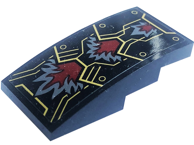 Lego Slope, Curved 4 x 2 with Armor Plates with Gold Rivets and Outlines, Dark Bluish Gray and Dark Red Fur Pattern (Sticker) - Set 71790