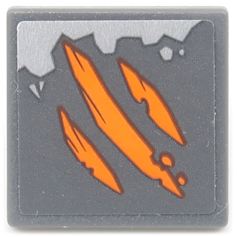 Lego Road Sign 2 x 2 Square with Open O Clip with 3 Orange Scratches and Big Metallic Silver Damage Pattern (Sticker) - Set 70655 / Dark Bluish Gray