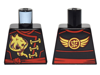 Lego Torso Ninjago Robe with Gold Lion, Wings and Ninjago Logogram 'Fire' and Red Sash Pattern / Black