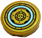 Lego Tile, Round 2 x 2 with Bottom Stud Holder with Armor Plates and Medium Azure Light Ring Pattern (Sticker) - Set 71765 / Pearl Gold