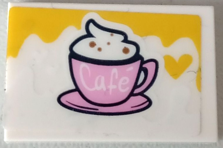 Lego Tile 2 x 3 with Bright Pink Cup with Cream, 'Café' (Cafe) and Yellow Heart Pattern (Sticker) - Set 41426