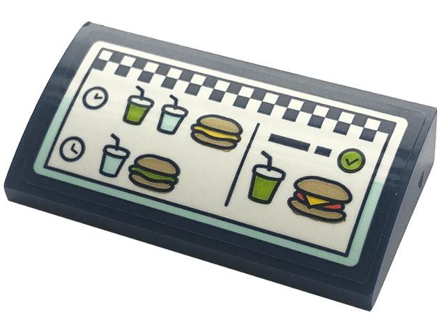 Lego Slope, Curved 2 x 4 x 2/3 with Bottom Tubes with Menu with Drinks, Hamburgers and Checkered Stripe on White Background Pattern (Sticker) - Set 41728