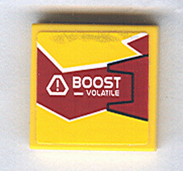 Lego Tile 2 x 2 with 'BOOST - VOLATILE' on Dark Red and Yellow Background with Black Outline on Right Pattern (Sticker) - Set 8113 / Yellow