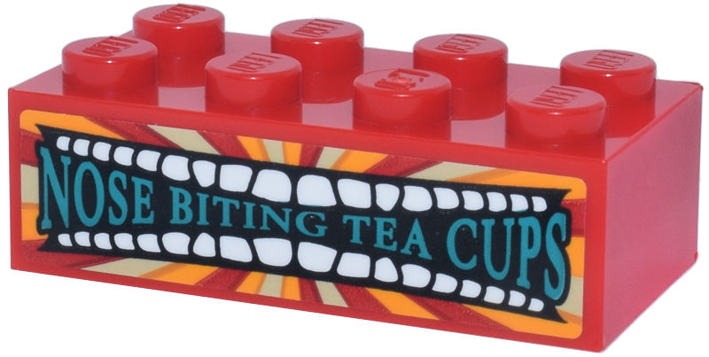 Lego Brick 2 x 4 with Bright Light Orange and Tan Sign, White Teeth, and Dark Turquoise 'NOSE BITING TEA CUPS' Pattern (Sticker) - Set 76457 / Red