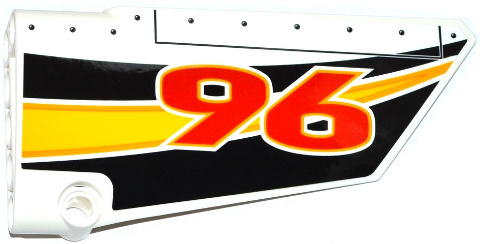 Lego Technic, Panel Fairing #18 Large Smooth, Side B with Red '96' and Yellow, Orange and White Stripes on Black Background Pattern (Sticker) - Set 42044