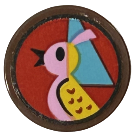 Lego Tile, Round 2 x 2 with Bottom Stud Holder with Bright Pink and Bright Light Orange Bird, Medium Azure Triangle, Red Background Pattern (Sticker) - Set 43217