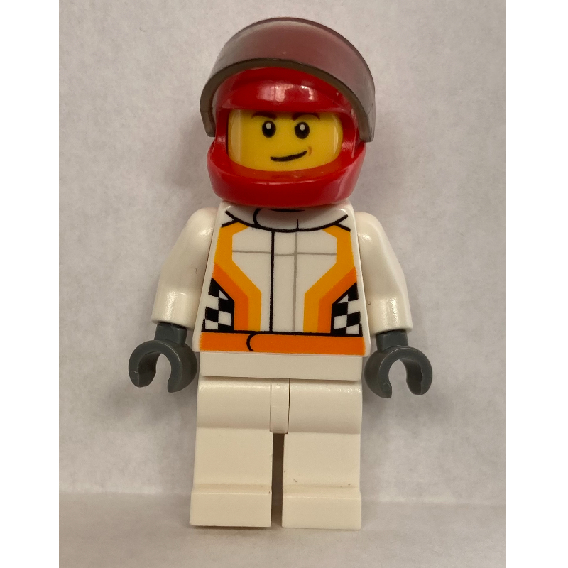 Lego Racer, White and Orange Jumpsuit, Red Helmet with Visor