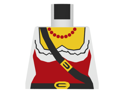 Lego Torso Female Pirate Ruffled Shirt under Red Corset, Black Belts with Buckles, Bead Necklace, Yellow Chest Pattern / White