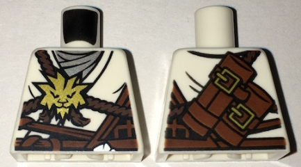 Lego Torso Ninjago Brown Rope, Gold Medallion and Silver Undershirt Front, Scabbards on Back Pattern / White