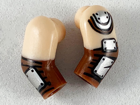 Lego Arm, (Matching Left and Right) Pair with Light Nougat Short Sleeves, Silver Plates Pattern / Reddish Brown