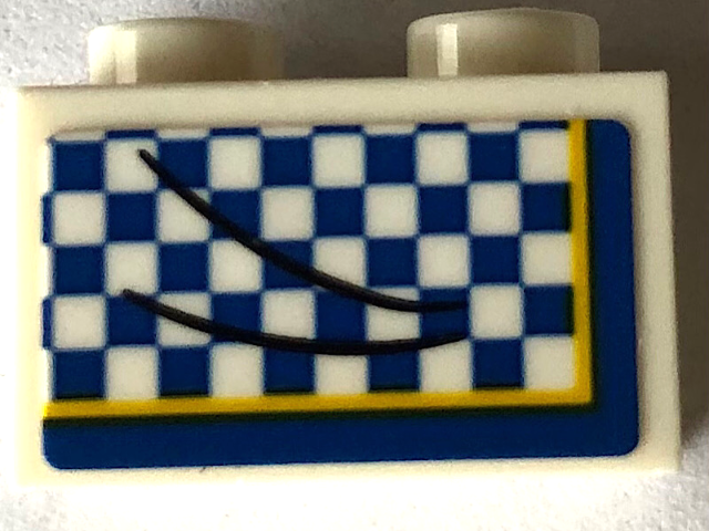 Lego Brick 1 x 2 with Black Curved Lines and Yellow Trim on Blue Checkered Background Pattern (Sticker) - Set 21336