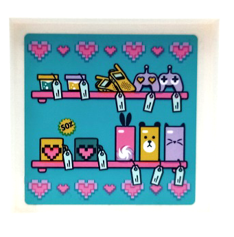 Lego Panel 1 x 6 x 5 with Shelves, Cell Phones, Game Controllers, Price Tags and Dark Pink Hearts on Medium Azure Background Pattern (Sticker) - Set 41450