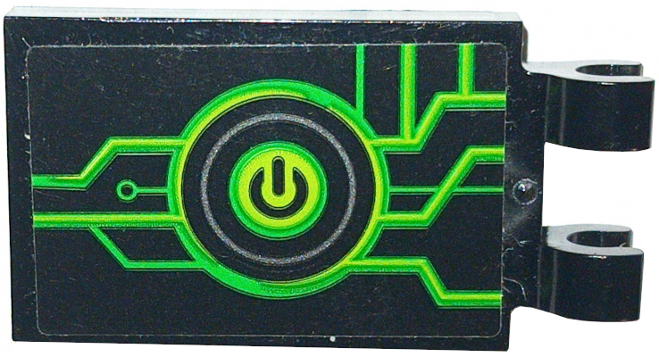 Lego Tile, Modified 2 x 3 with 2 Open O Clips with Lime and Bright Green Power Button and Circuitry Pattern Model Left Side (Sticker) - Set 72006 / Black