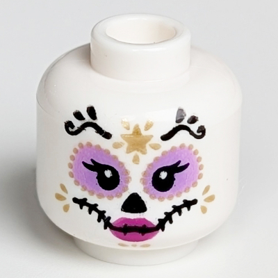 Lego Minifig Head Skeleton, Catrina, Medium Lavender Round Eyes, Dark Pink Lips, Gold and Black Decorations Print