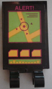 Lego Tile, Modified 2 x 3 with 2 Clips with 'ALERT!' and Satellite Map Pattern (Sticker) - Set 79117 / Black