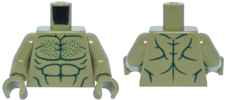Lego Torso Bare Chest with Dark Green Muscles Outline and Chest Hair Pattern / Olive Green Arms / Olive Green Hands