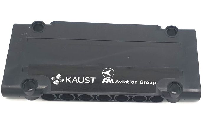 Lego Technic, Panel Plate 5 x 11 x 1 with White 'FAI Aviation Group' and 'KAUST' Pattern Model Left Side (Sticker) - Set 42141 / Black