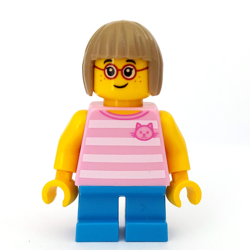 Lego Girl, Bright Pink Striped Top with Cat Head, Short Dark Azure Legs, Dark Tan Hair, Glasses